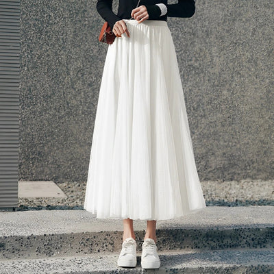 Kelly - Falda midi casual de malla plisada para mujer