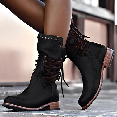 Lenora - Botas retro de cuero con tacón bajo para mujeres