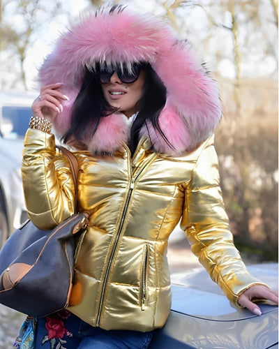 Jessica - Brillante Chaqueta de Plumas con Capucha para Mujeres