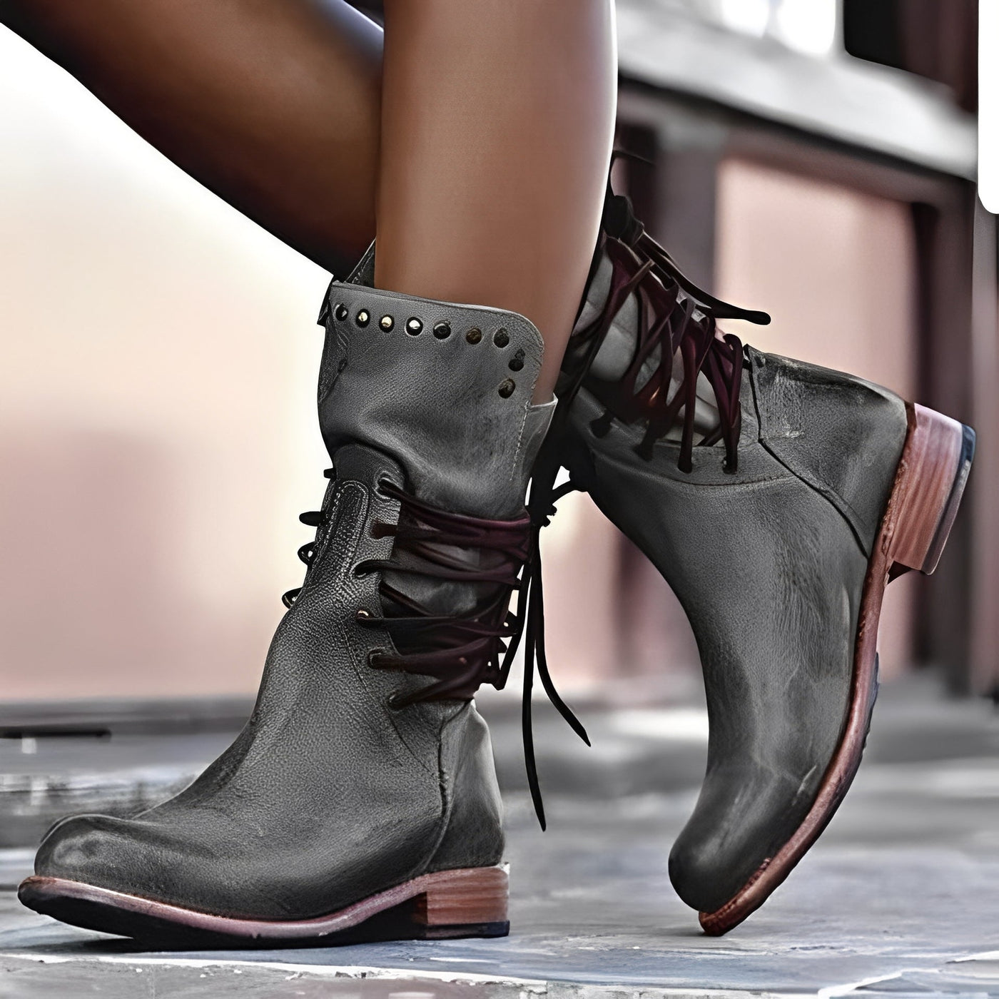 Lenora - Botas retro de cuero con tacón bajo para mujeres