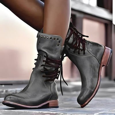 Lenora - Botas retro de cuero con tacón bajo para mujeres