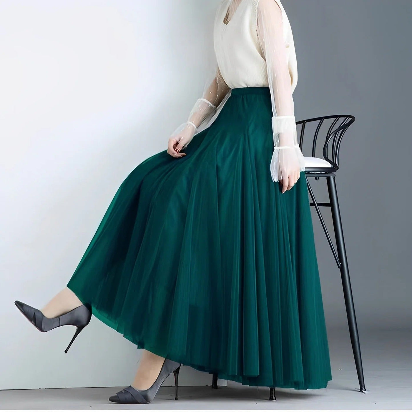 Kelly - Falda midi casual de malla plisada para mujer