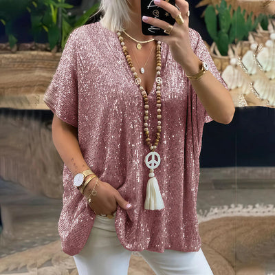 Paola - Camiseta de lentejuelas con cuello en V