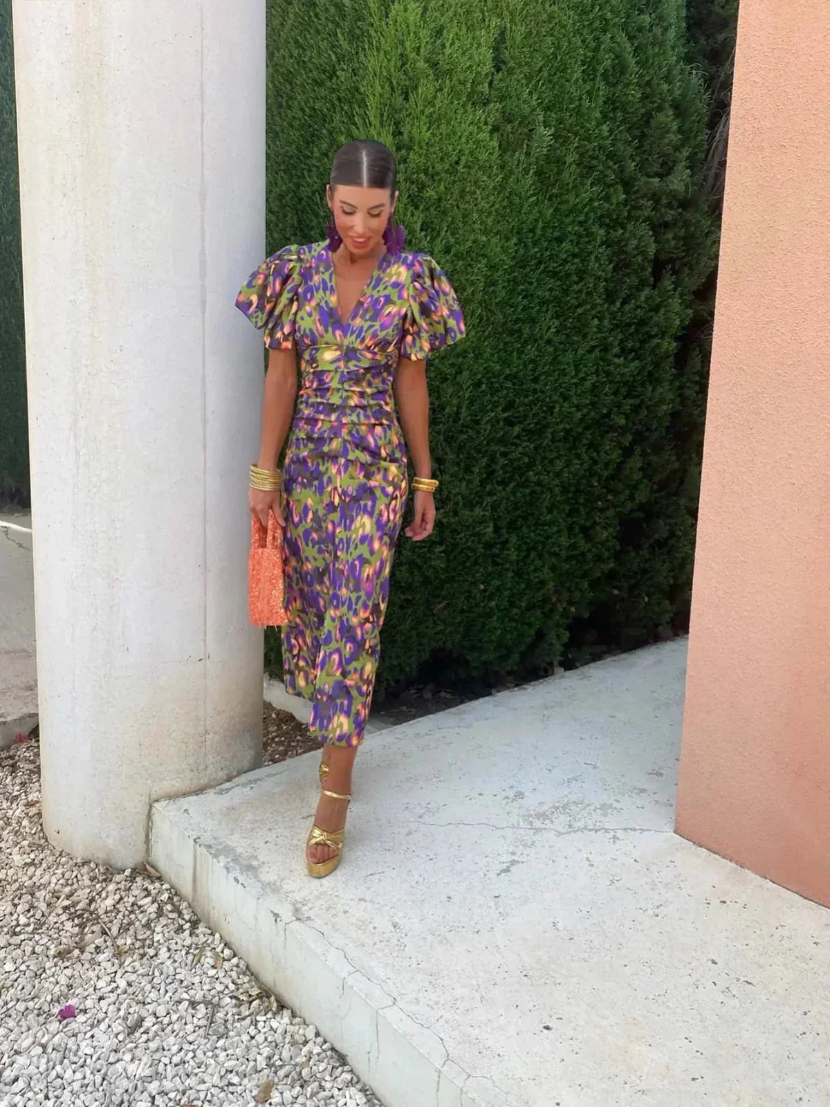 Glecy - Elegante Vestido de Mujer Mangas Abullonadas Encanto