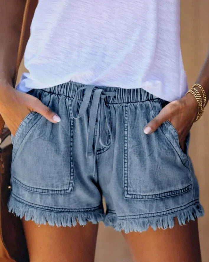 Gabriela - Shorts de Denim Lisos con Cordón