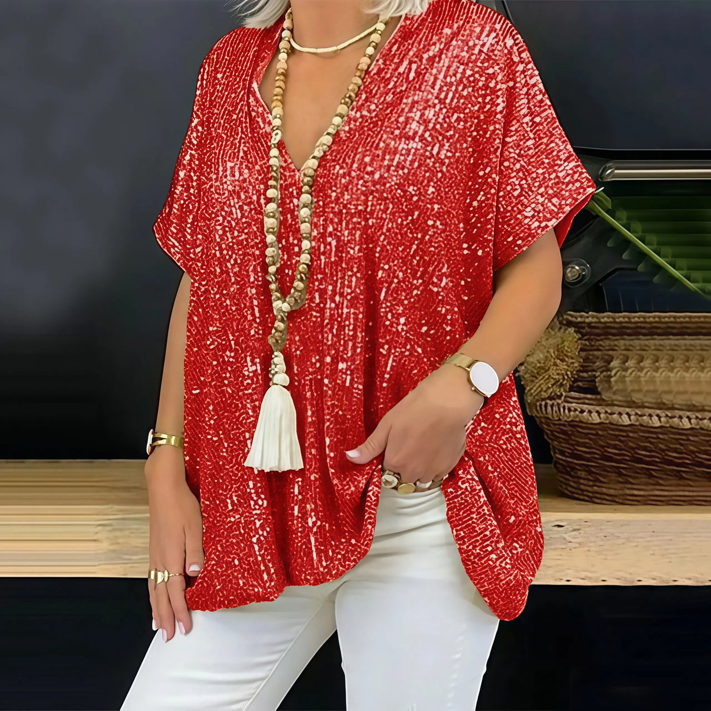 Paola - Camiseta de lentejuelas con cuello en V