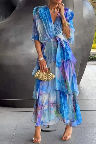 Marjorie - Vestido largo de chifón con brillo veraniego